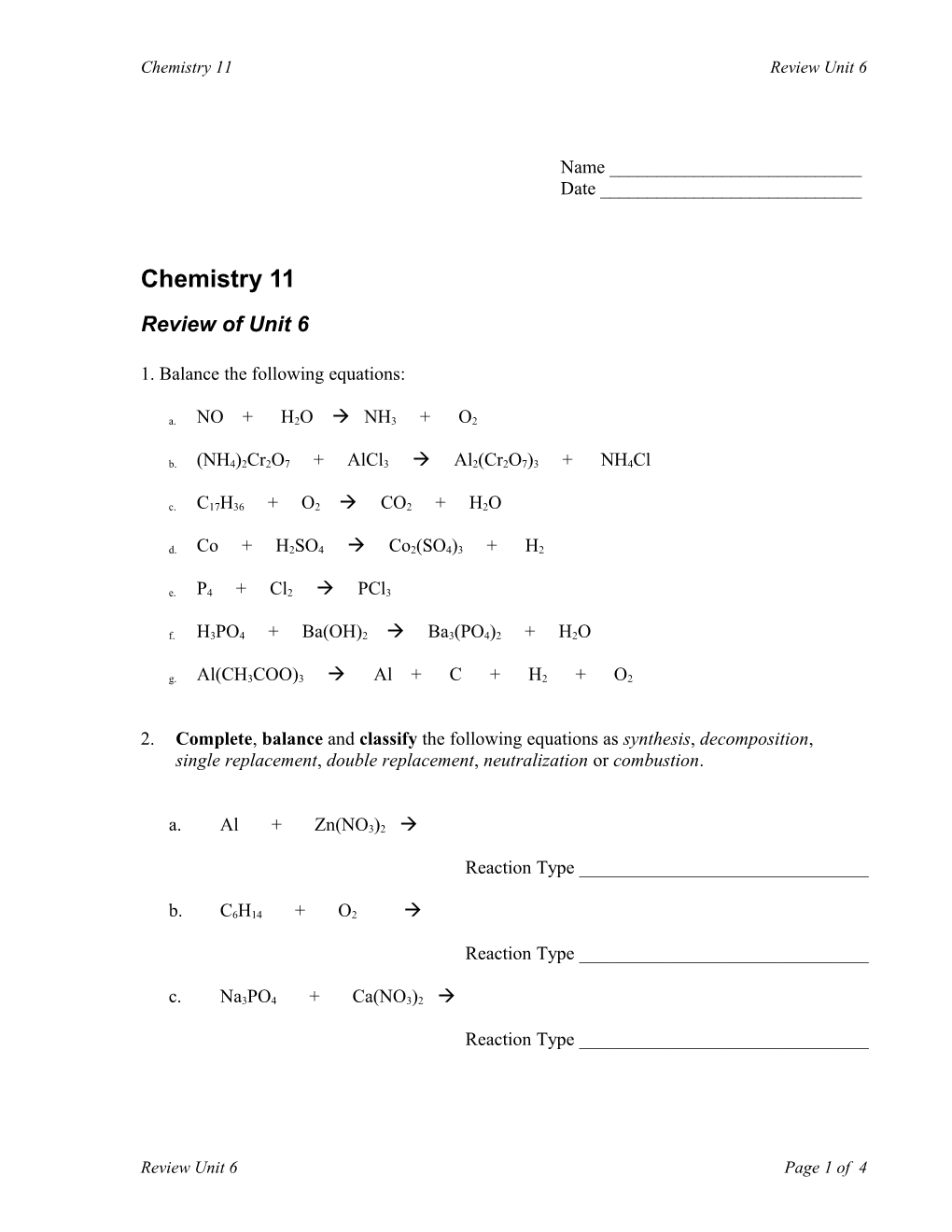 Chemistry 11 Review Unit 6