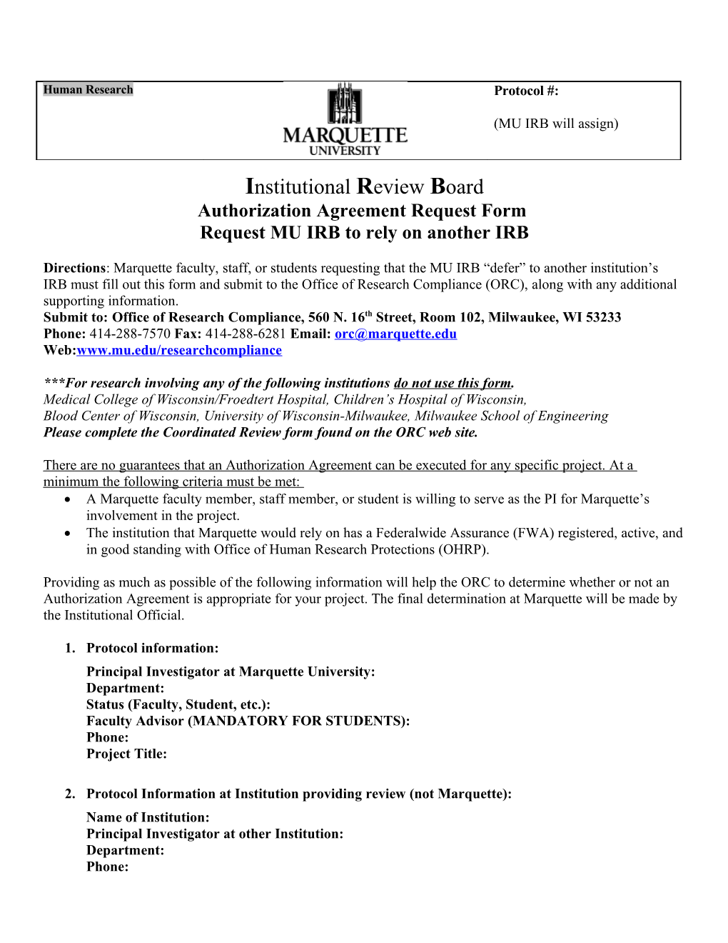 Marquette University Human Subjects Protocol Continuing Review Form
