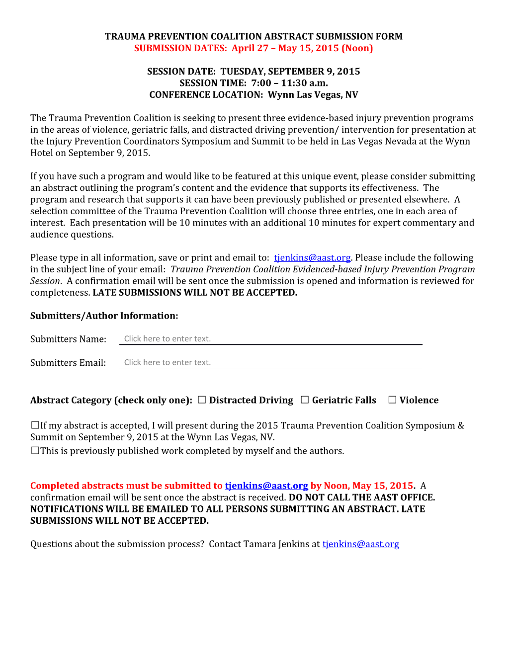 Trauma Prevention Coalition Abstract Submission Form