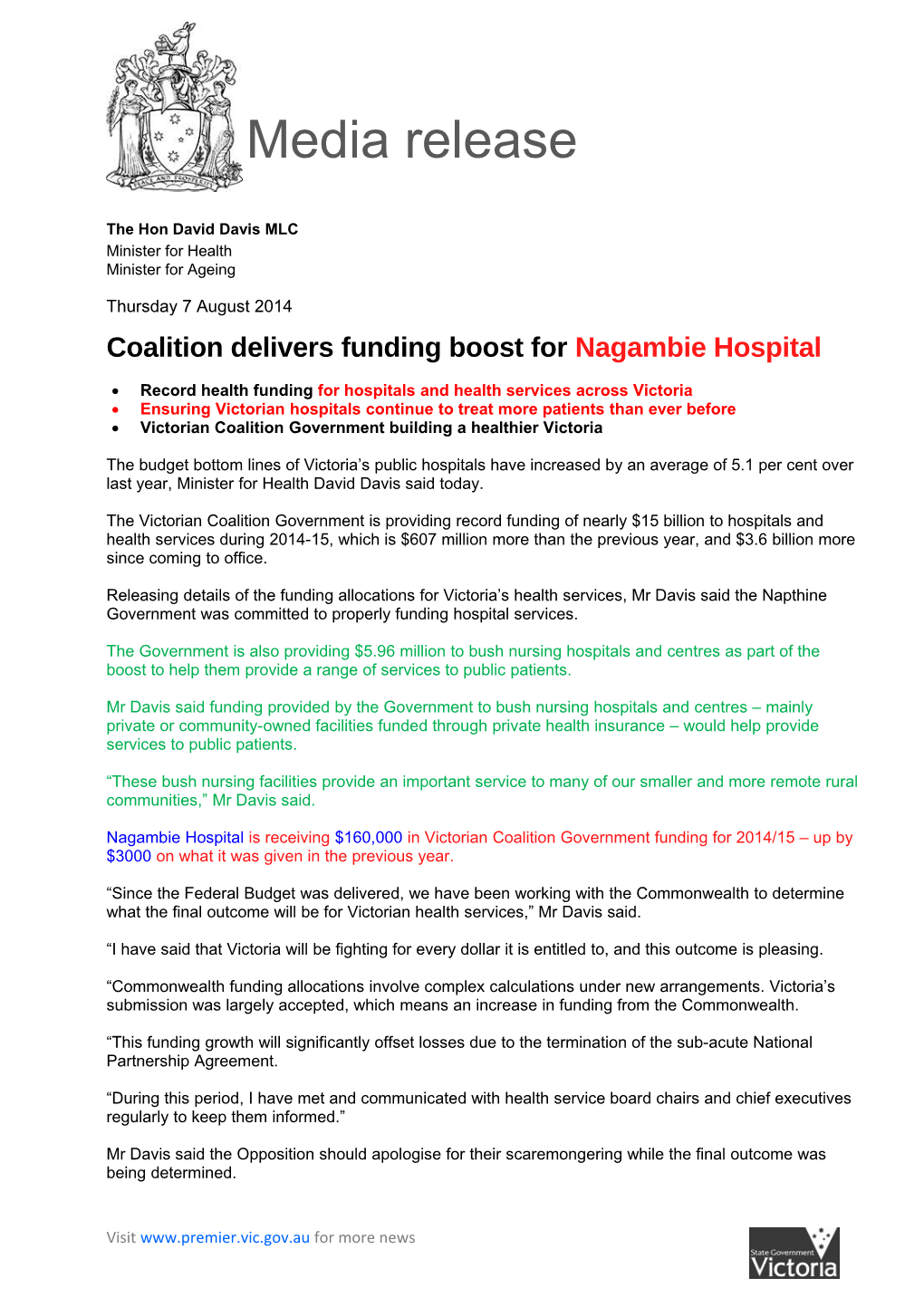 Coalition Delivers Funding Boost for Nagambie Hospital