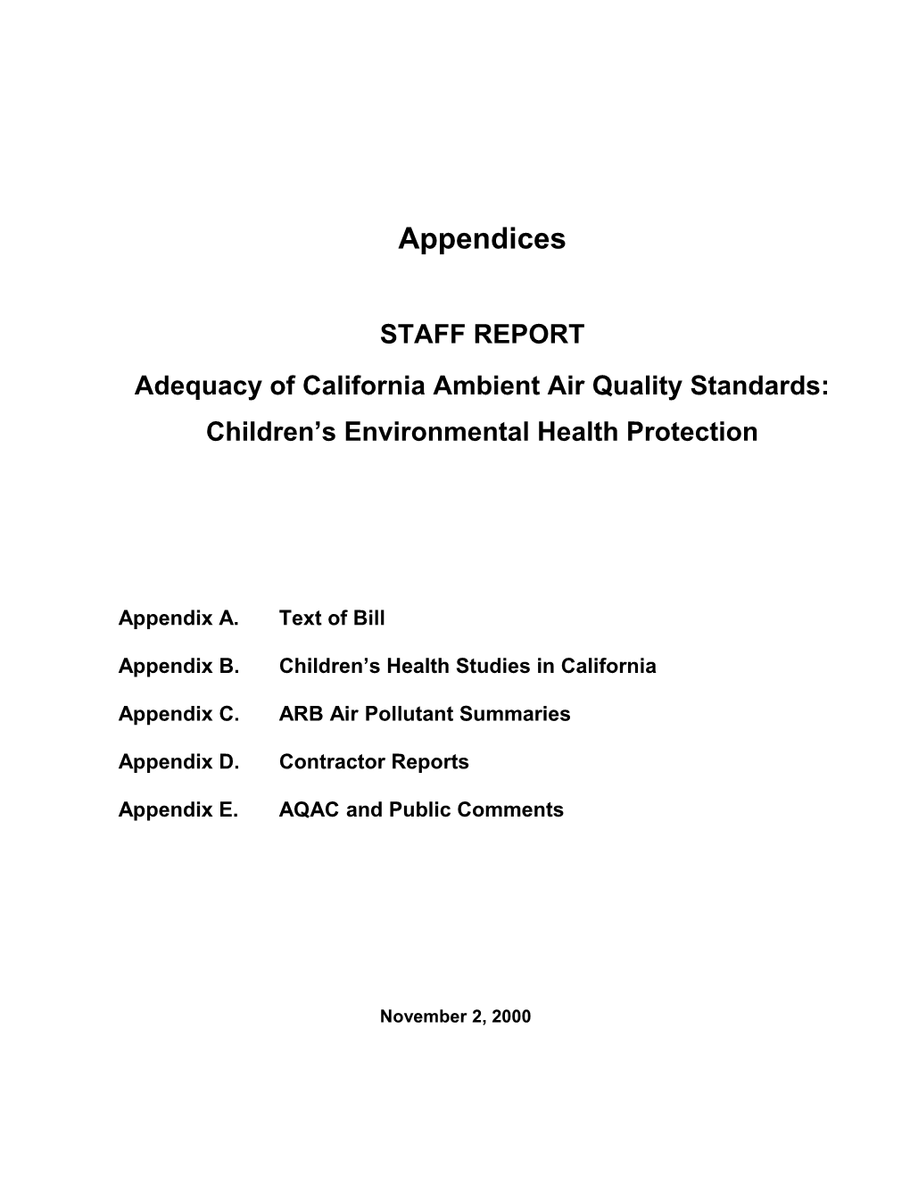 Adequacy of California Ambient Air Quality Standards: Children S Environmental Health