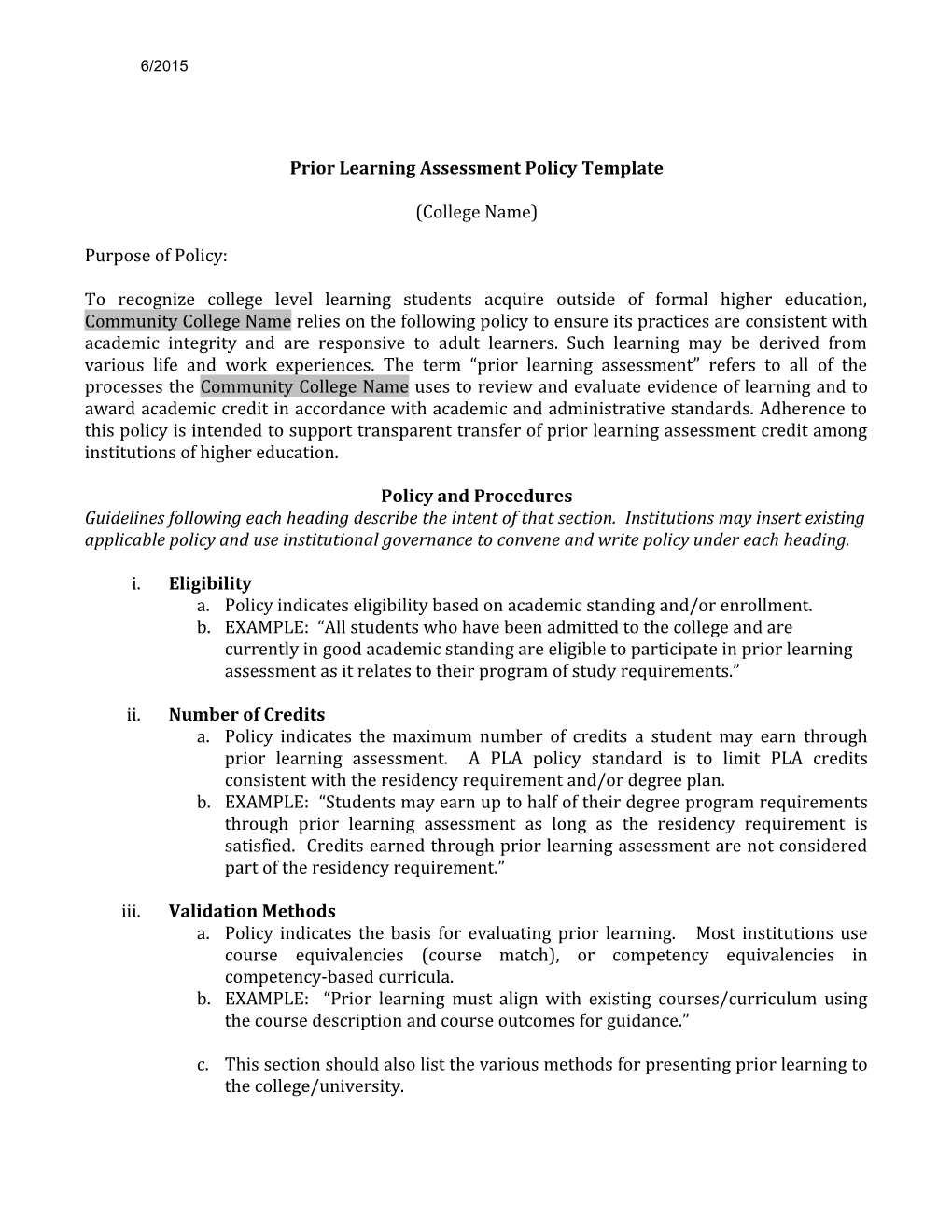 Prior Learning Assessment Policy Template