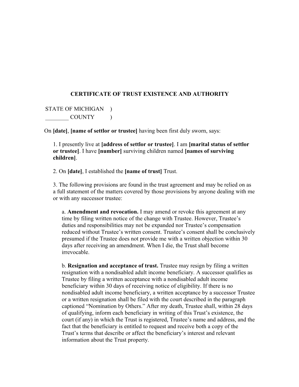 Certificate of Trust Existence and Authority