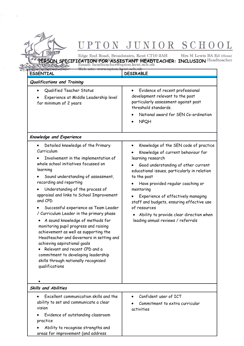 Person Specification for Assistant Headteacher: Inclusion
