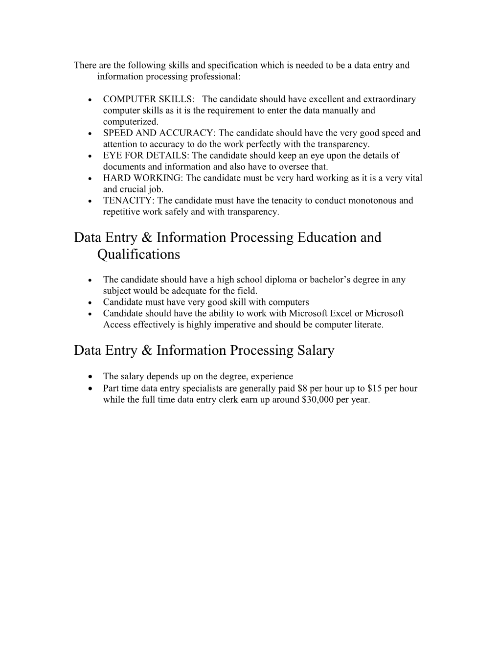 Data Entry & Information Processing Job Description