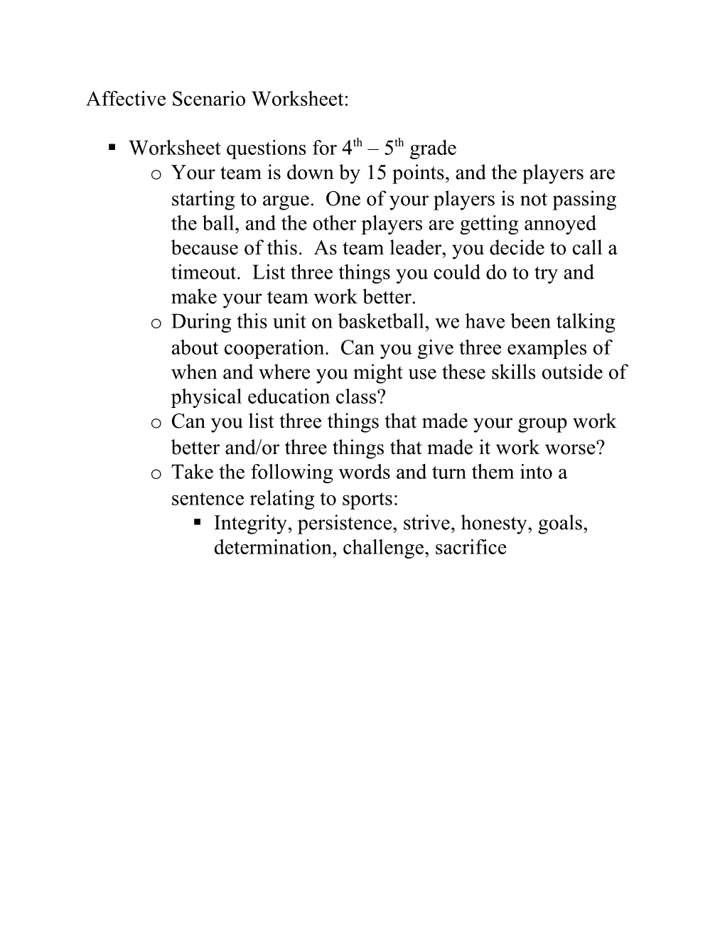 Worksheet Questions for 4Th 5Th Grade
