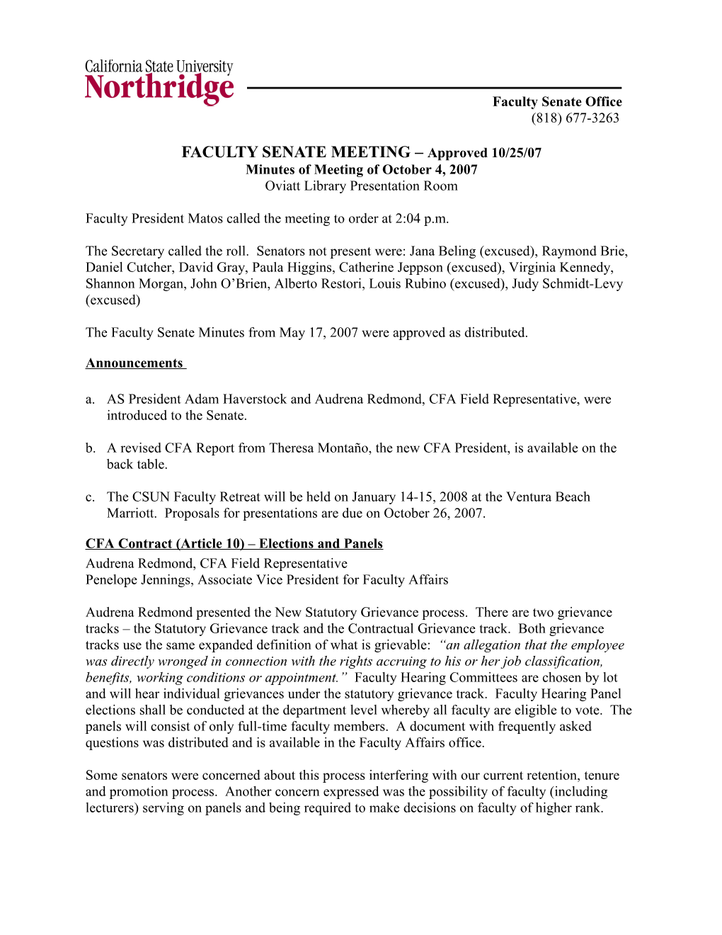 FACULTY SENATE MEETING Approved 10/25/07