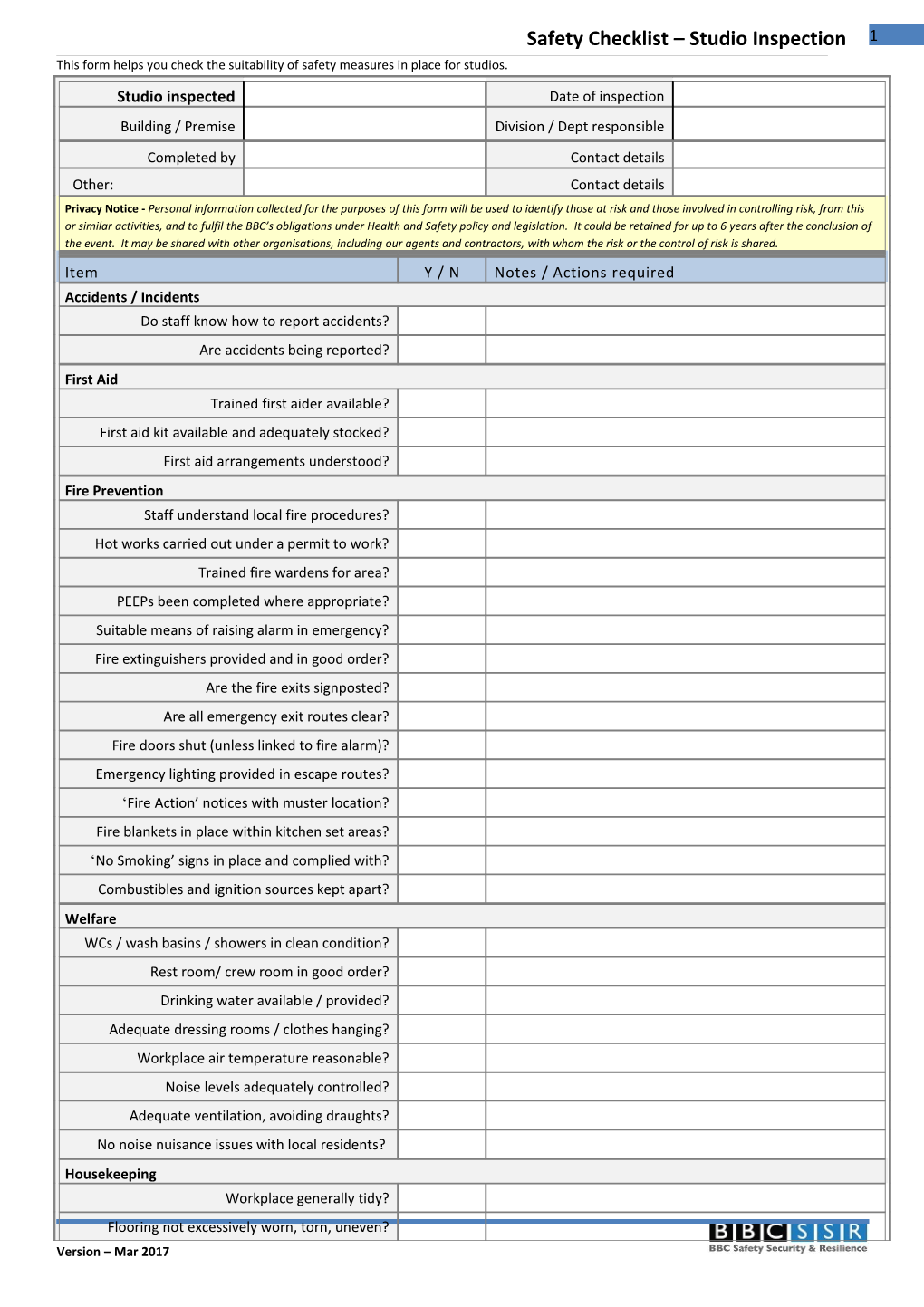 Safety - Event Responsibilities Checklist