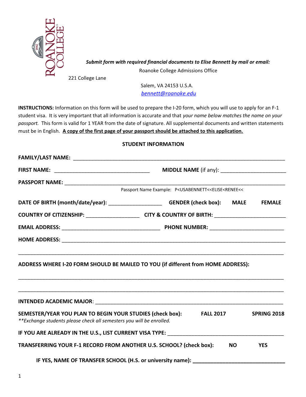 Submit Form with Required Financial Documents to Elise Bennett by Mail Or Email