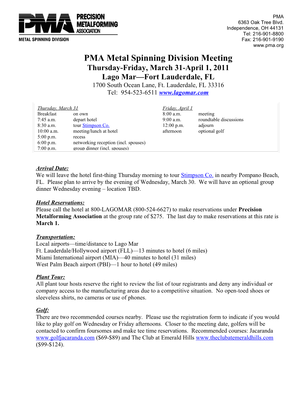 PMA Metal Spinning Division Meeting, Thursday-Friday, September 17-18, 2009