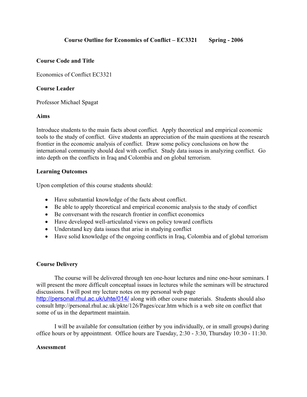 Course Outline for Economics of Conflict Ec3321spring - 2006