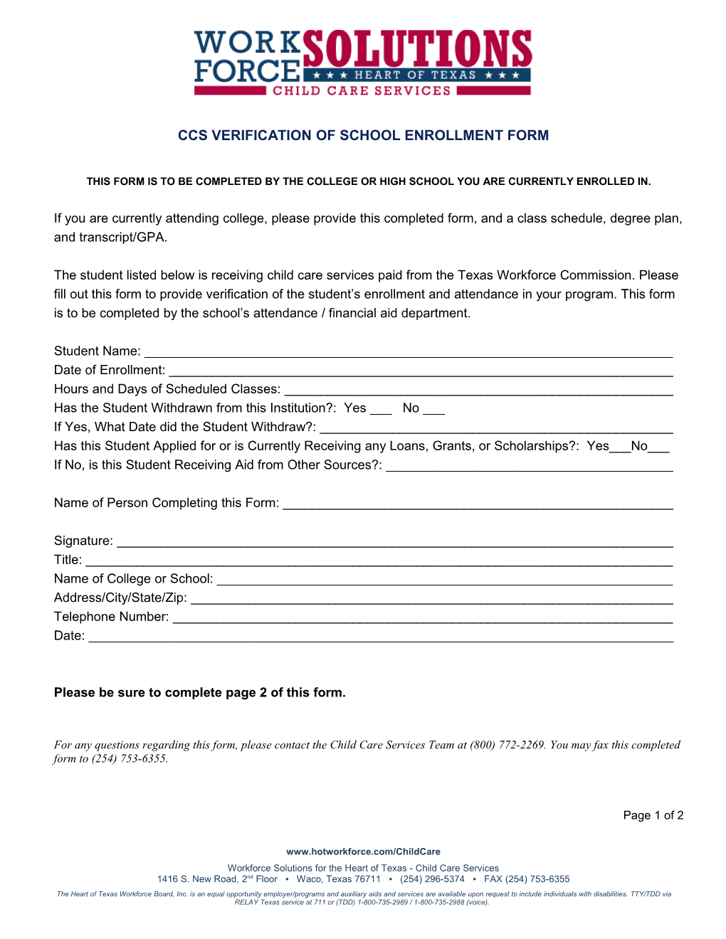 Ccs Verification of School Enrollment Form
