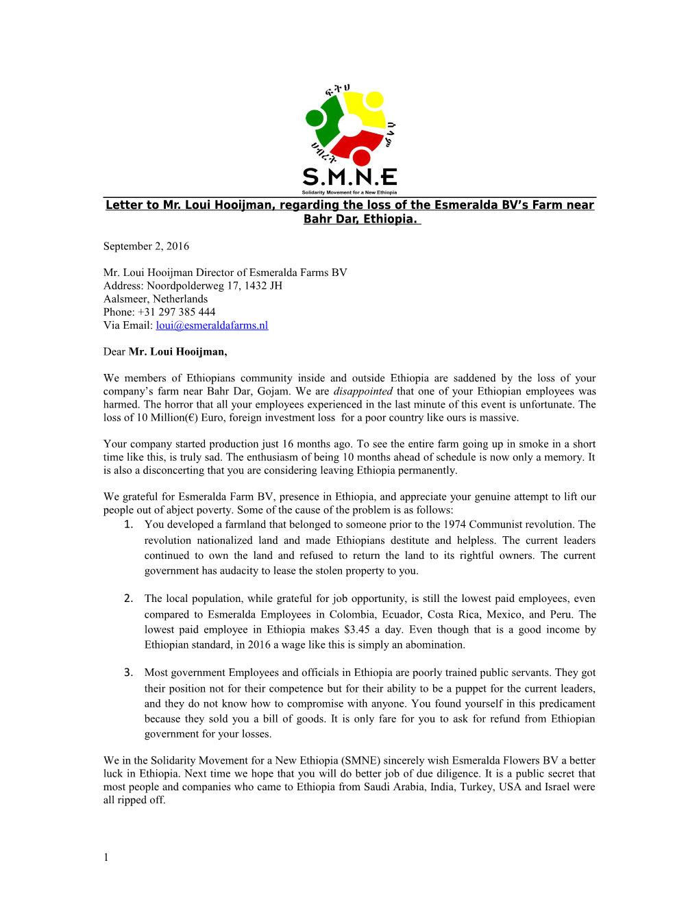 Letter to Mr. Loui Hooijman, Regarding the Loss of the Esmeralda BV S Farm Near Bahr Dar