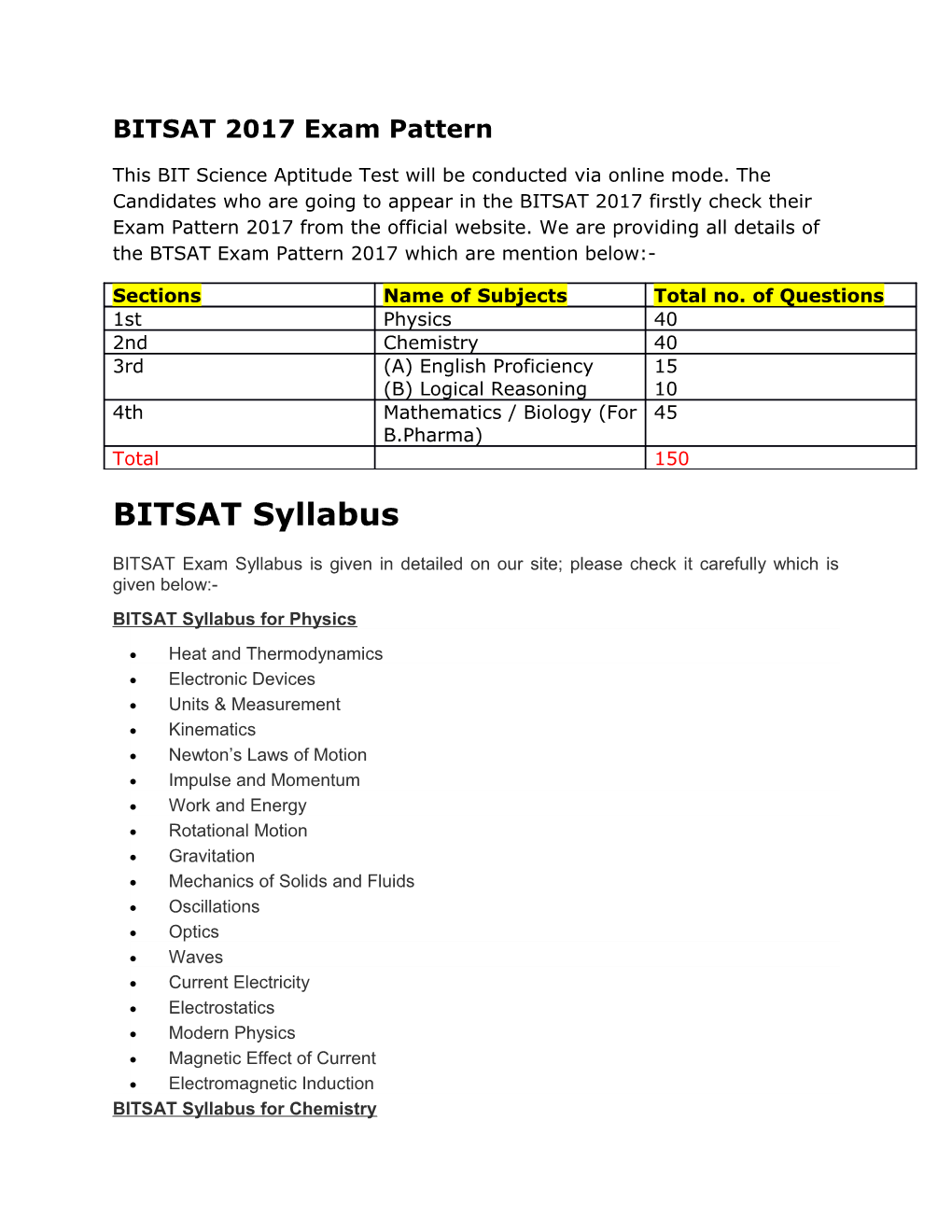 BITSAT 2017 Exam Pattern