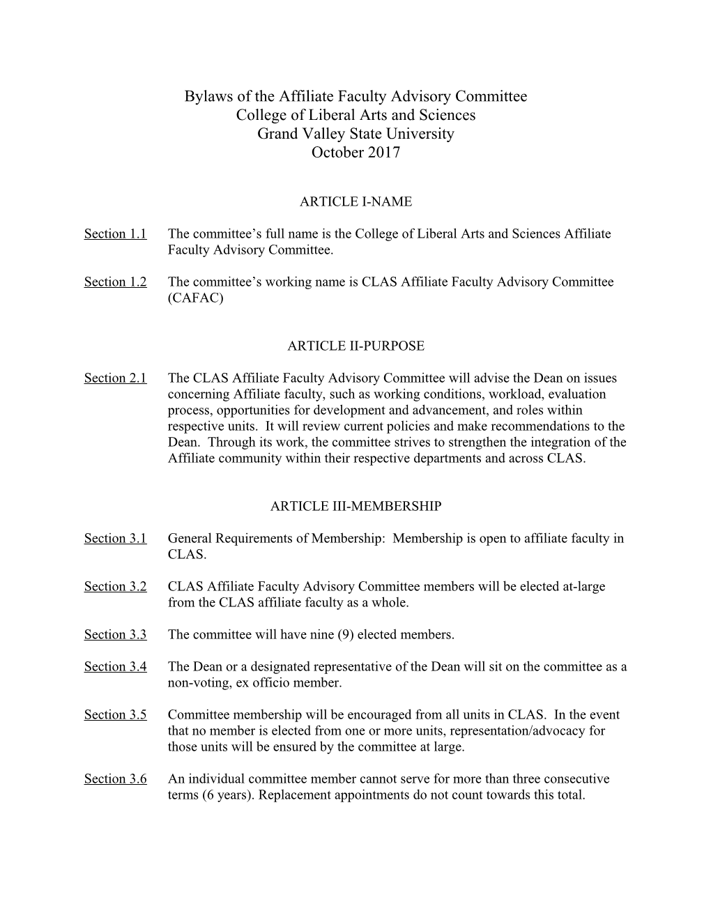 College of Liberal Arts and Sciences Faculty Development Committee BYLAWS