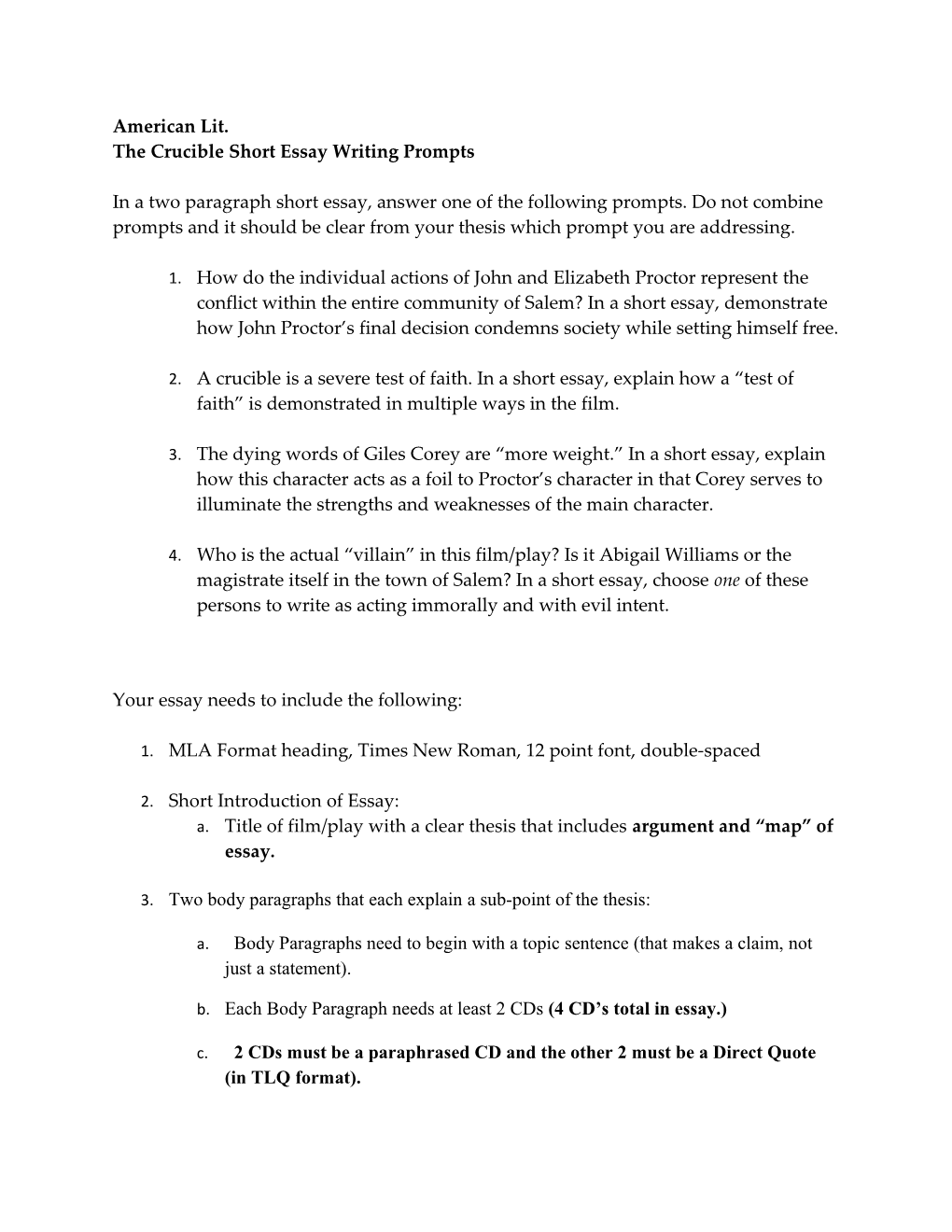 The Crucible Short Essay Writing Prompts