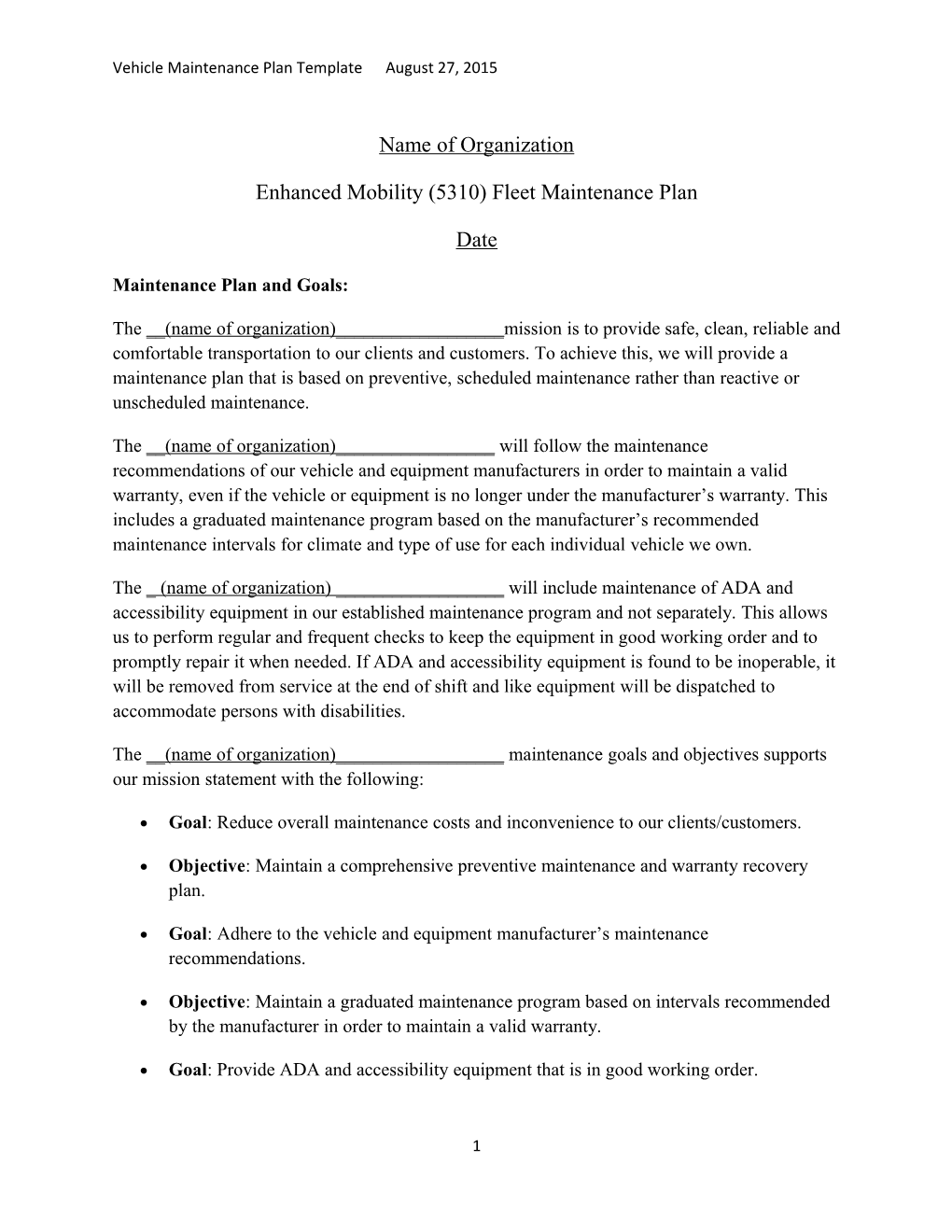 Vehicle Maintenance Plan Template August 27, 2015