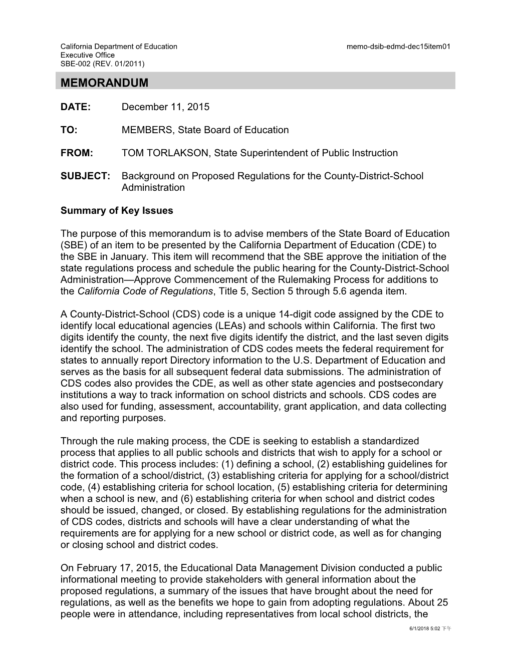 December 2015 Memo EDMD Item 01 - Information Memorandum (CA State Board of Education)