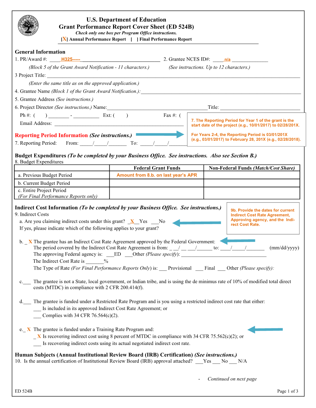 ED 524-B Form Part 1, Cover Sheet for Grant Performance Report February 2008 (Msword)