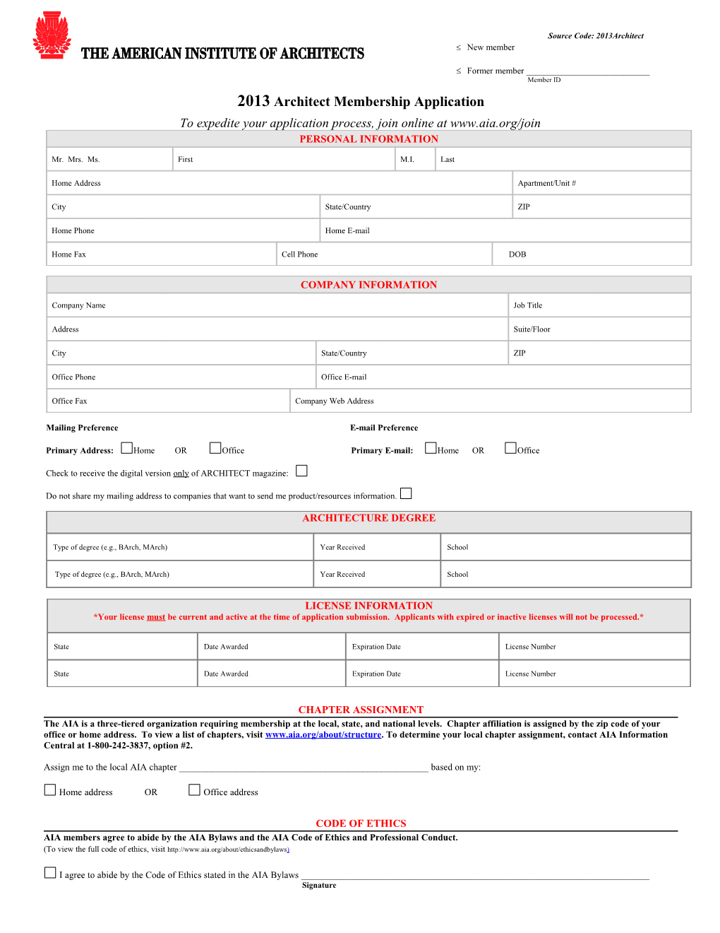 2013 Architect Membership Application