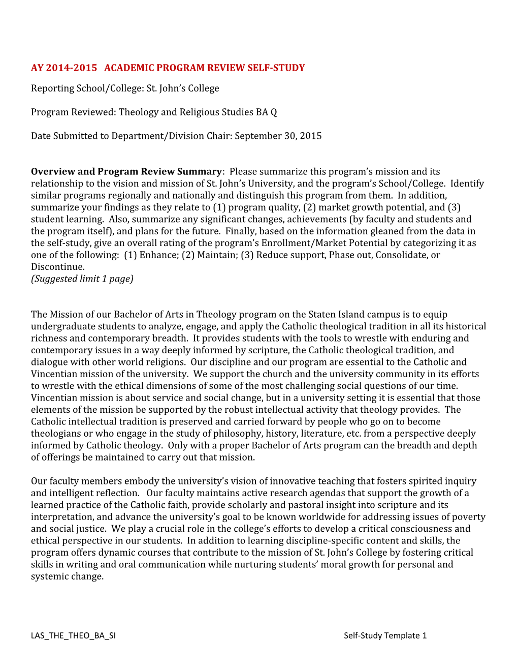 Ay 2014-2015 Academic Program Review Self-Study