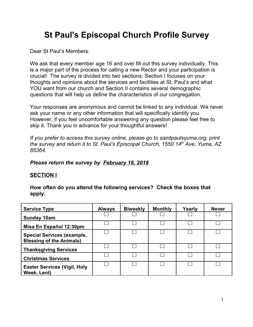 St Paul's Episcopal Church Profile Survey