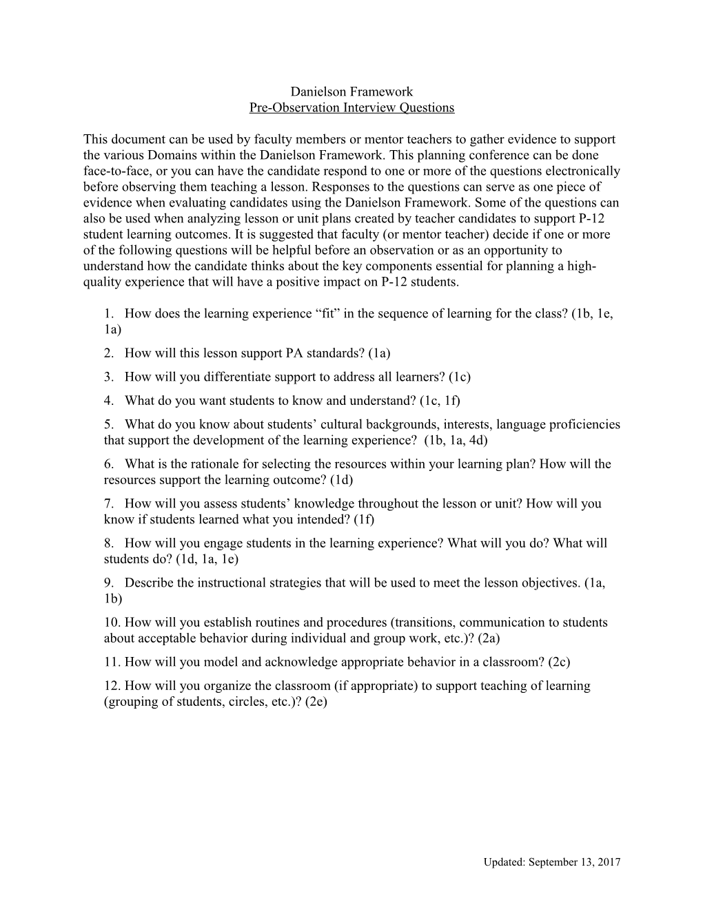 Pre-Observation Interview Questions