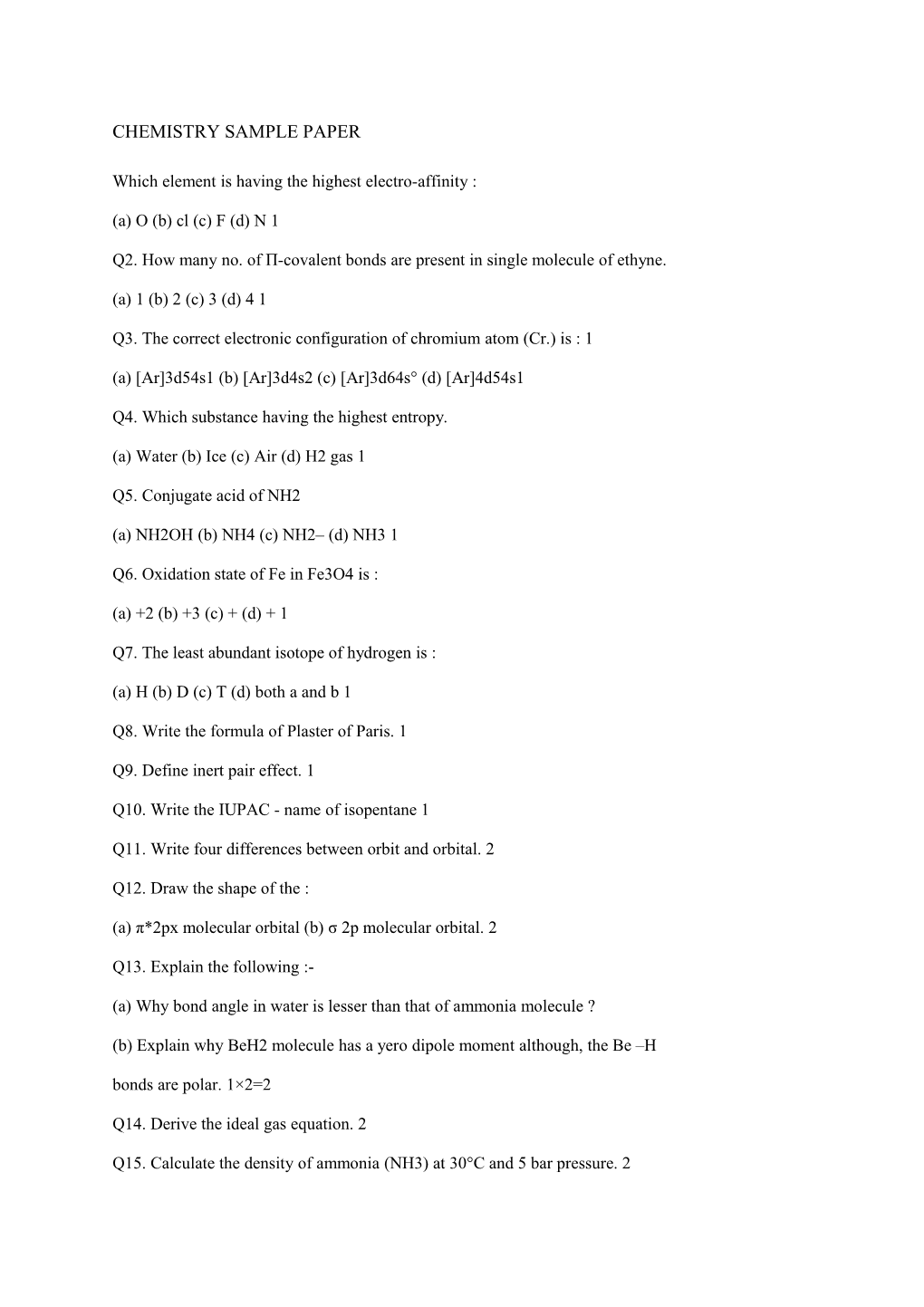 Chemistry Sample Paper