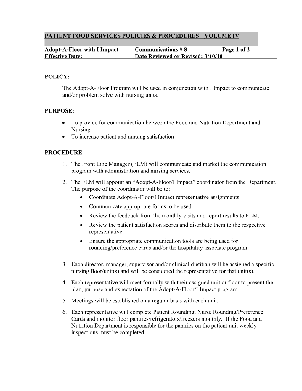 Nutrition and Patient/Resident Policies and Procedures