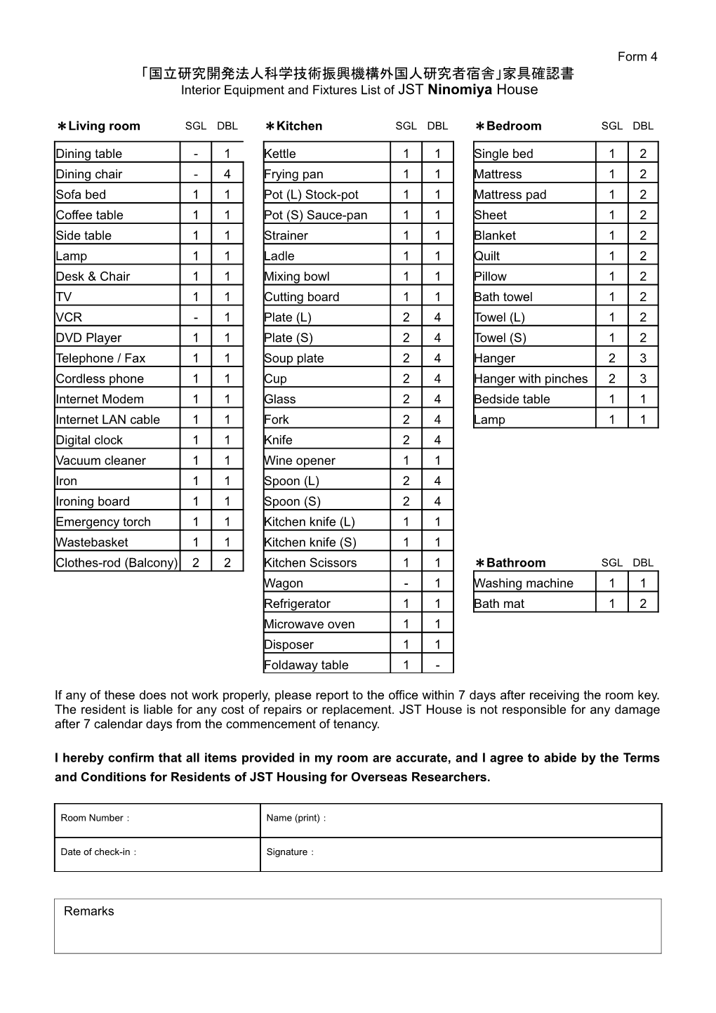 Interior Equipment and Fixtures List of JST Ninomiya House