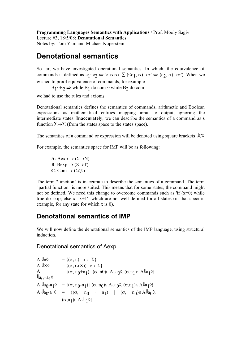 Programming Languages Semantics with Applications / Prof