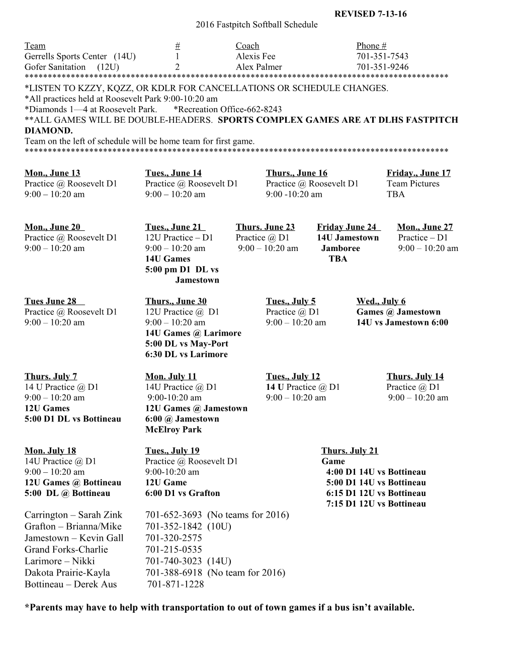 2005 Ponytail Softball Schedule