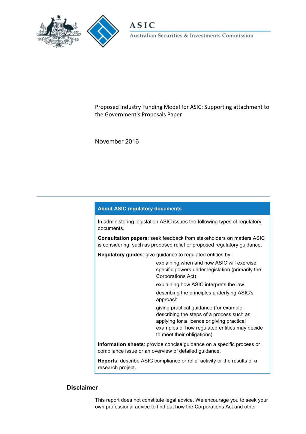 Proposed Industry Funding Model For ASIC: Supporting Attachment To The Government's Proposals Paper