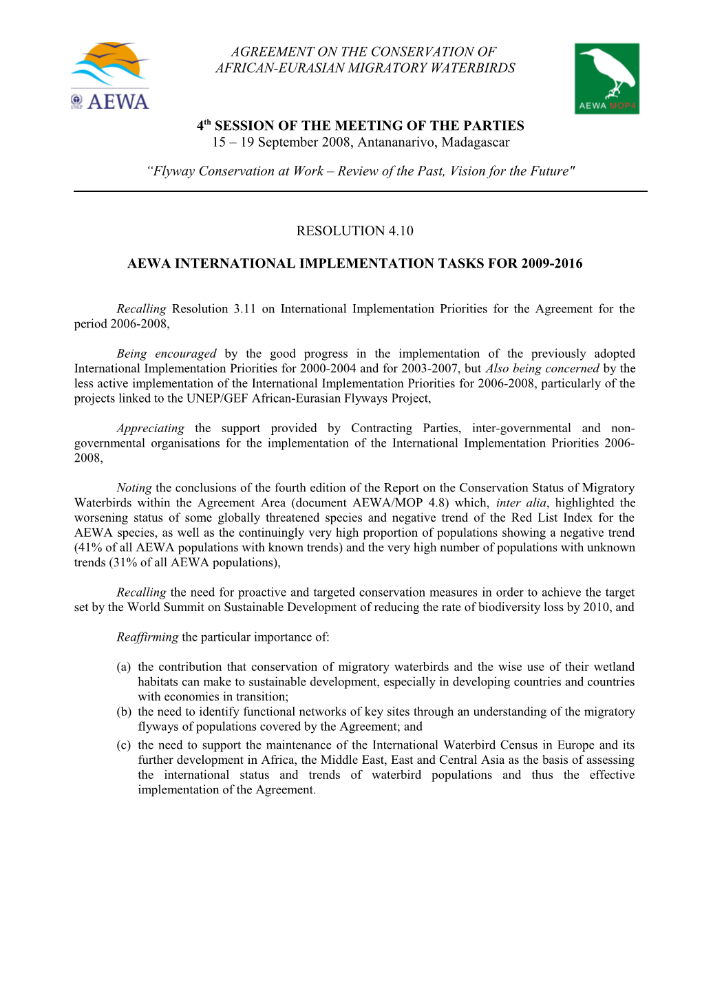 Aewa International Implementation Tasks for 2009-2016