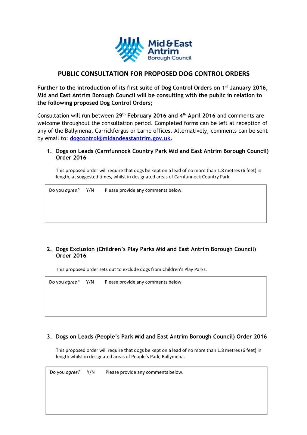Public Consultation for Proposed Dog Control Orders