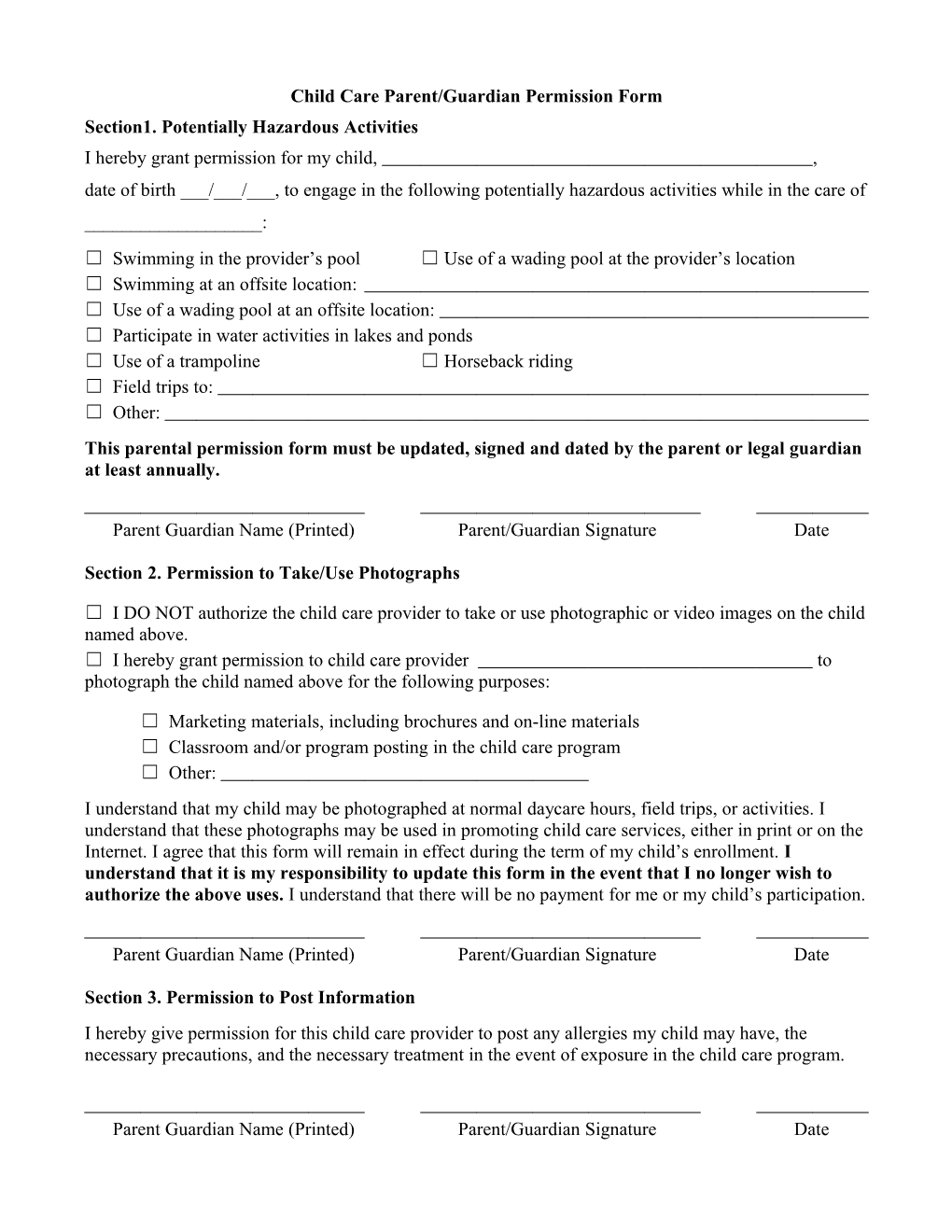 Child Care Parent/Guardian Permission Form
