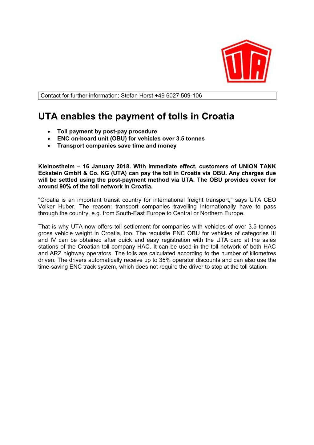 UTA Enables the Payment of Tolls in Croatia