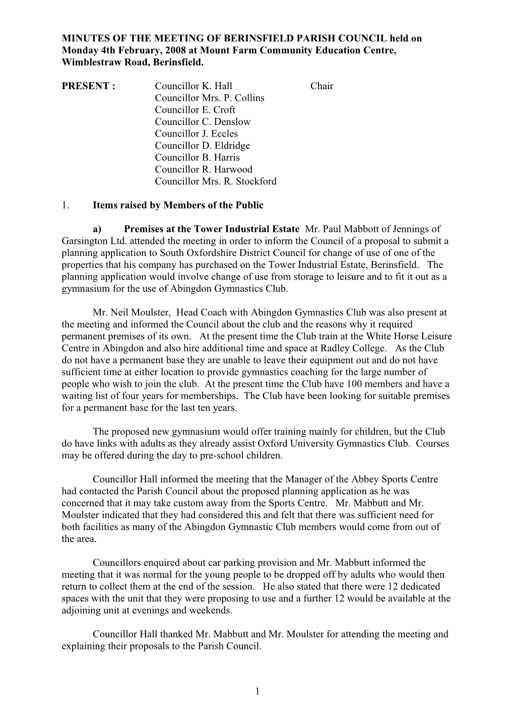 MINUTES of the MEETING of BERINSFIELD PARISH COUNCIL Held on Monday 5Th June, 2006 at Mount s1