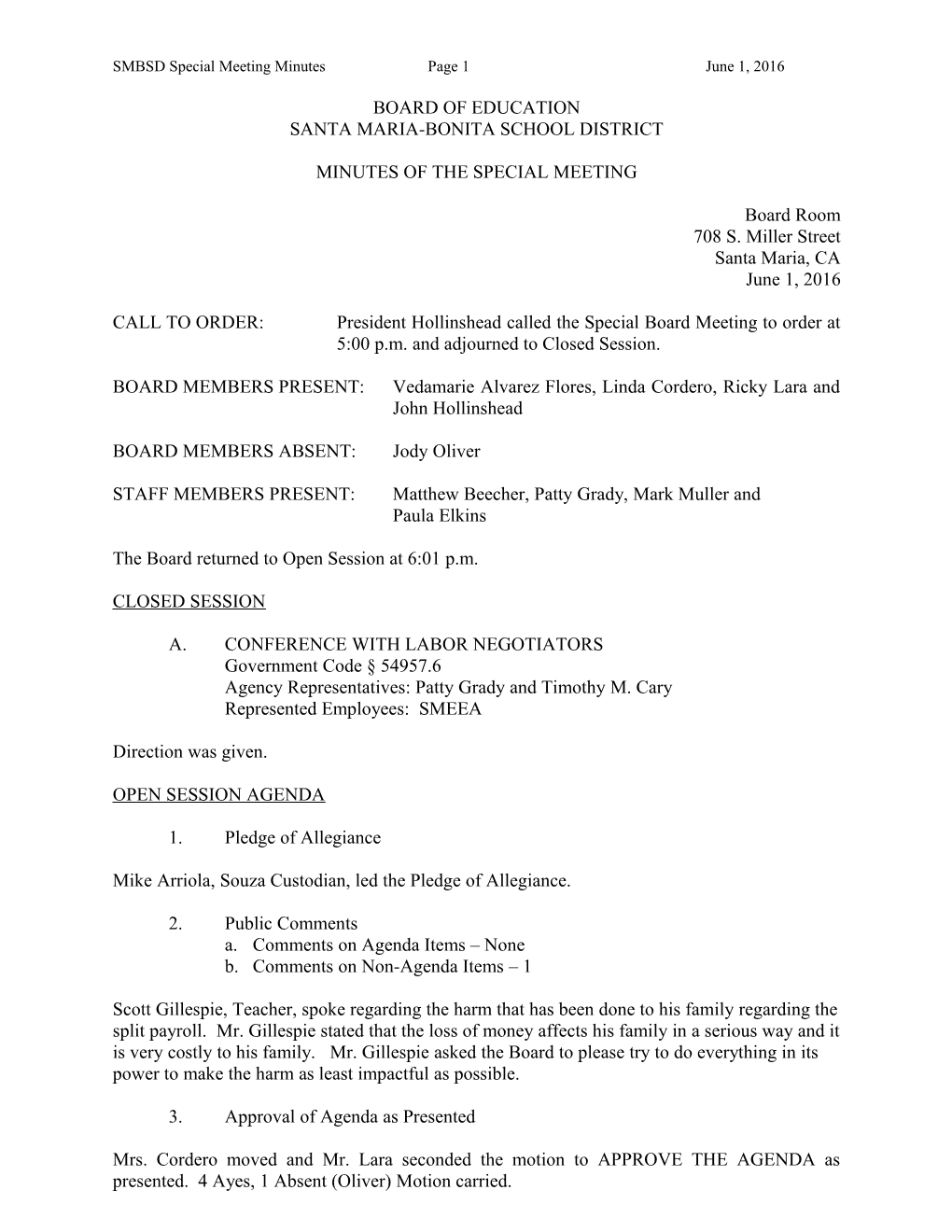 SMBSD Special Meeting Minutes Page 1 June 1, 2016