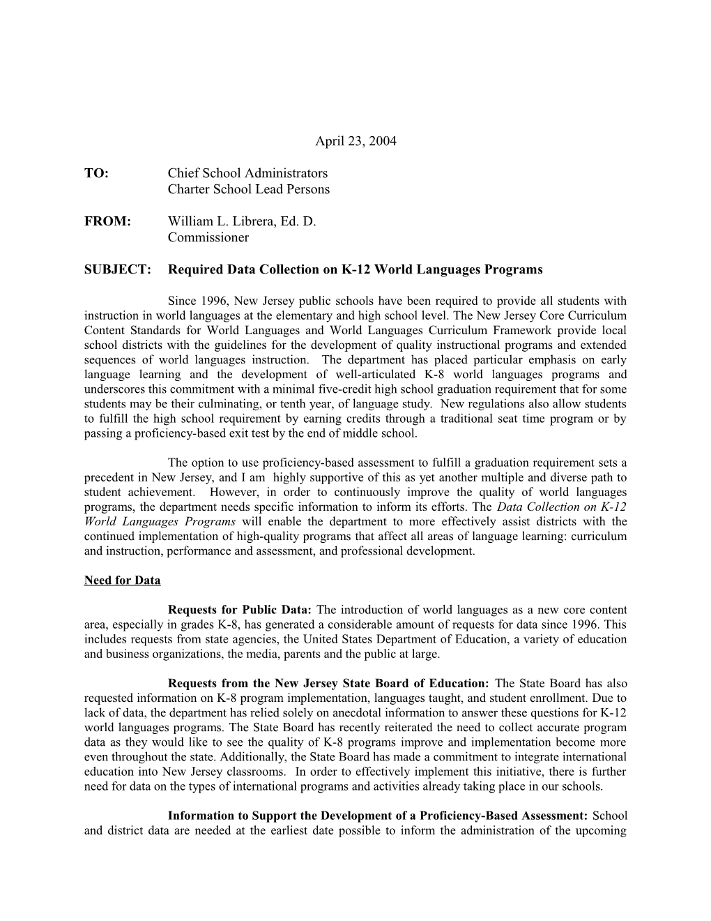 SUBJECT: Required Data Collection on K-12 World Languages Programs
