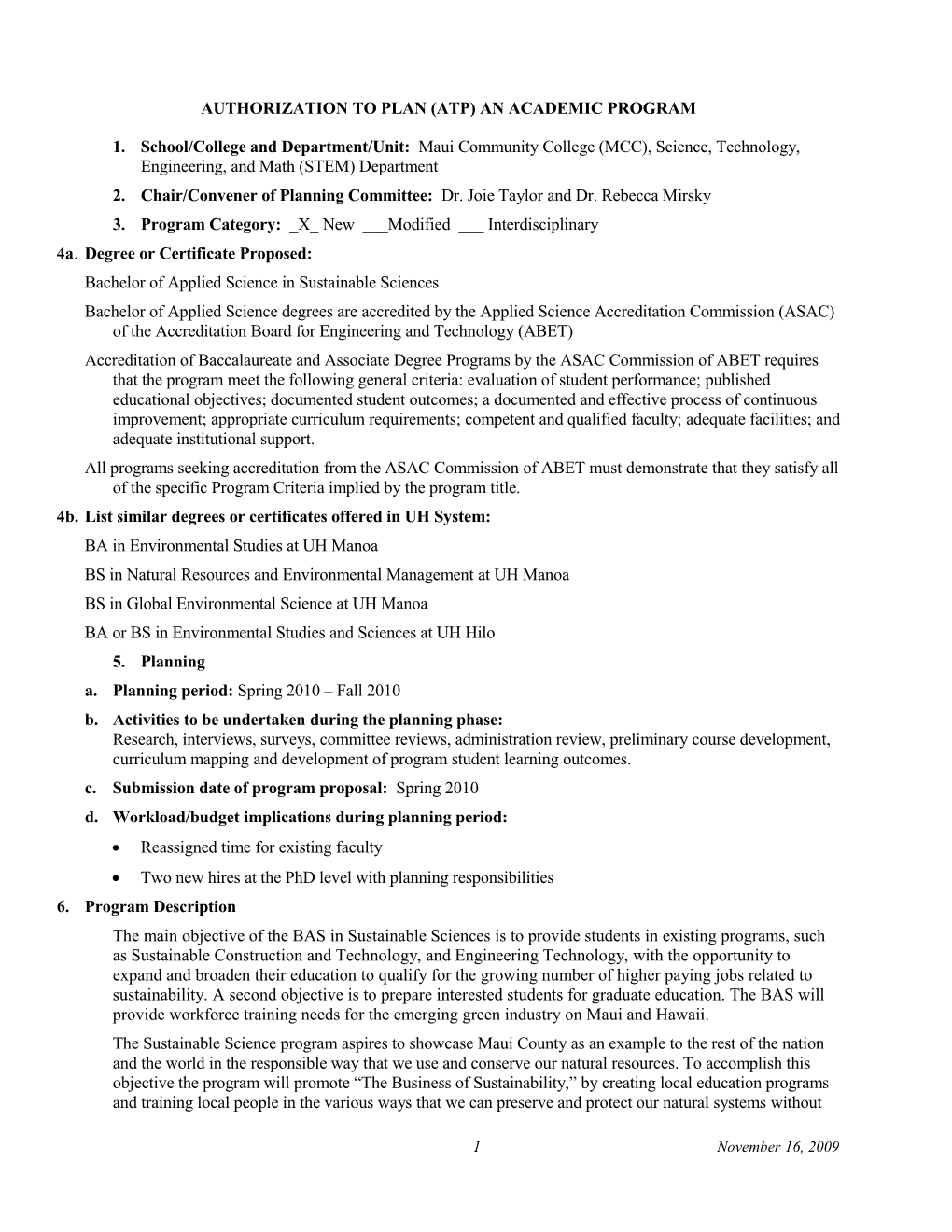 AUTHORIZATION TO PLAN (ATP) AN ACADEMIC PROGRAM (Revised 06/12/07)