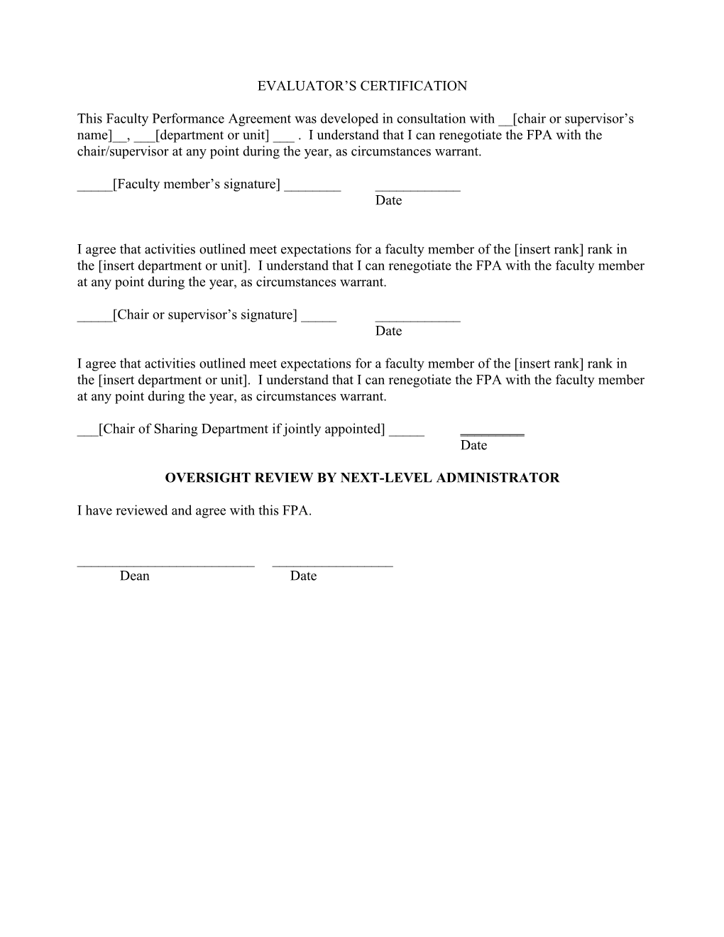 Faculty Performance Agreement