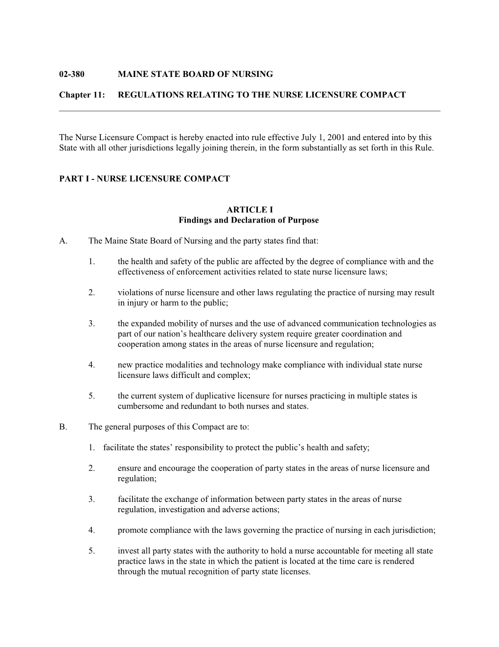 Chapter 11 REGULATIONS RELATING to the NURSE LICENSURE COMPACT