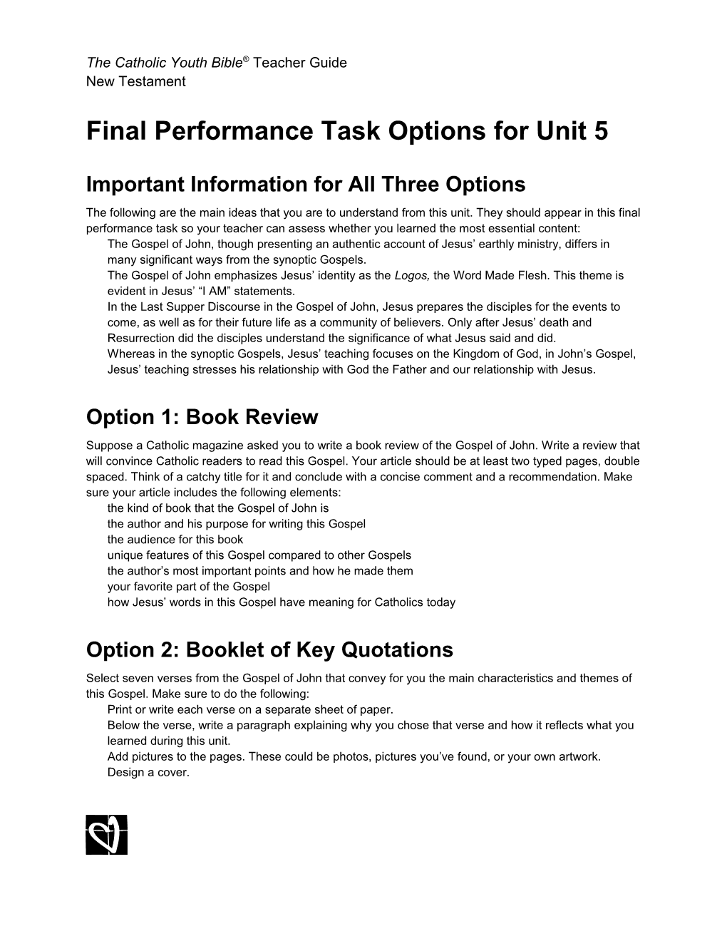 Final Performance Task Options for Unit 5