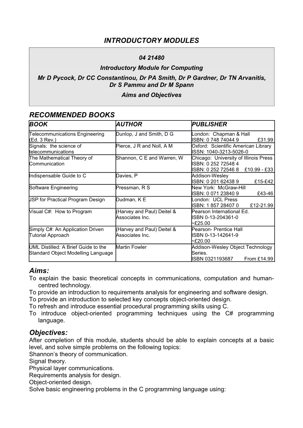 Introductory Module for Computing