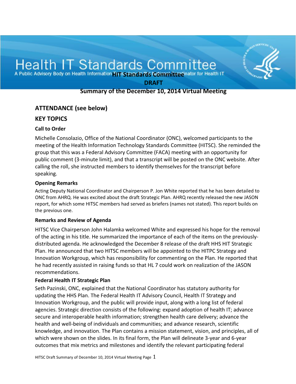 HIT Standards Committeedraftsummary of the December 10, 2014 Virtual Meeting