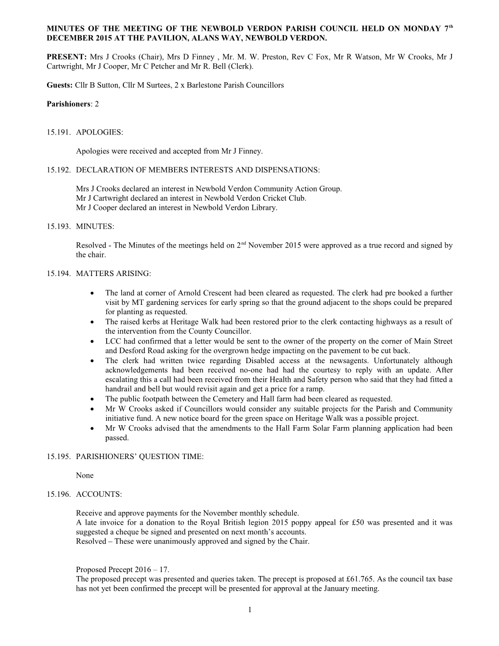 Minutes of the Meeting of the Newbold Verdon Parish Council Held on Monday 7 June 1999 s3