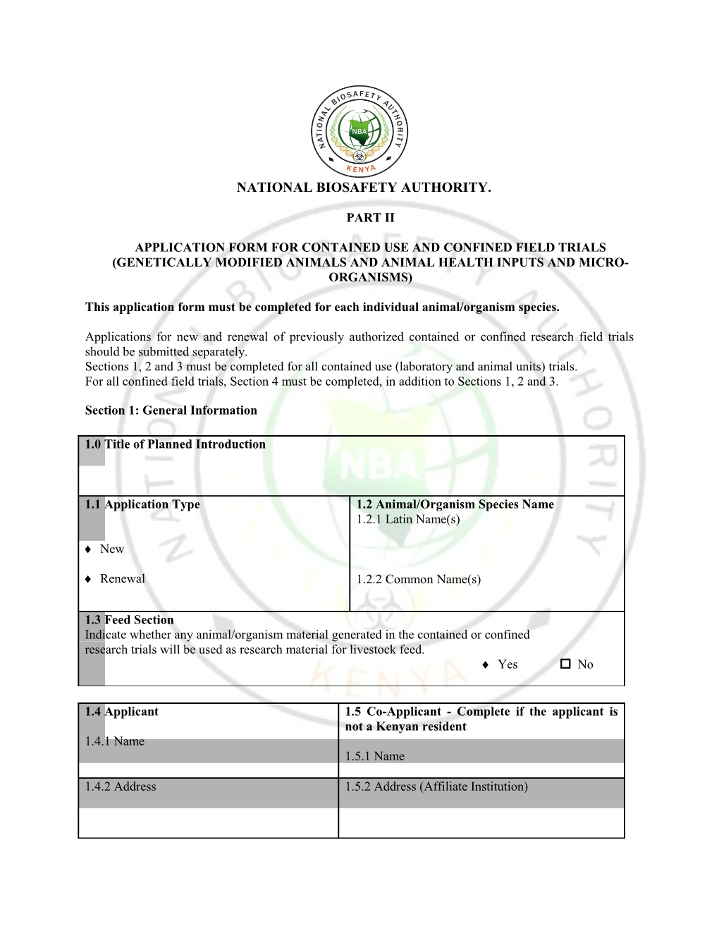 This Application Form Must Be Completed for Each Individual Animal/Organism Species