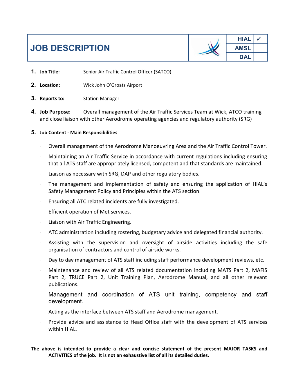 1. Job Title: Senior Air Traffic Control Officer (SATCO)