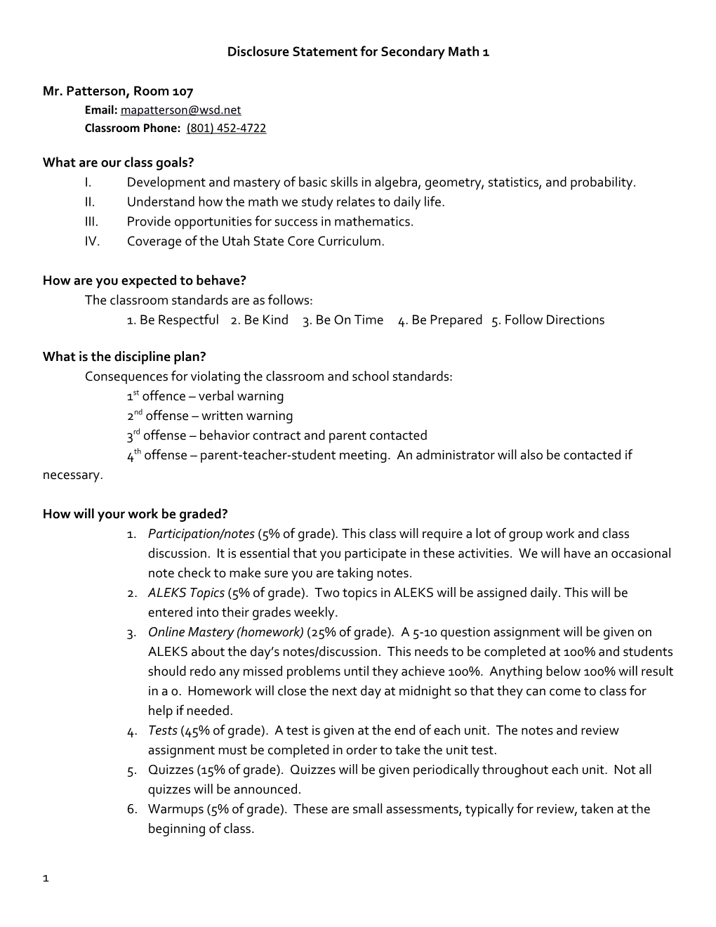 Disclosure Statement Forsecondary Math 1